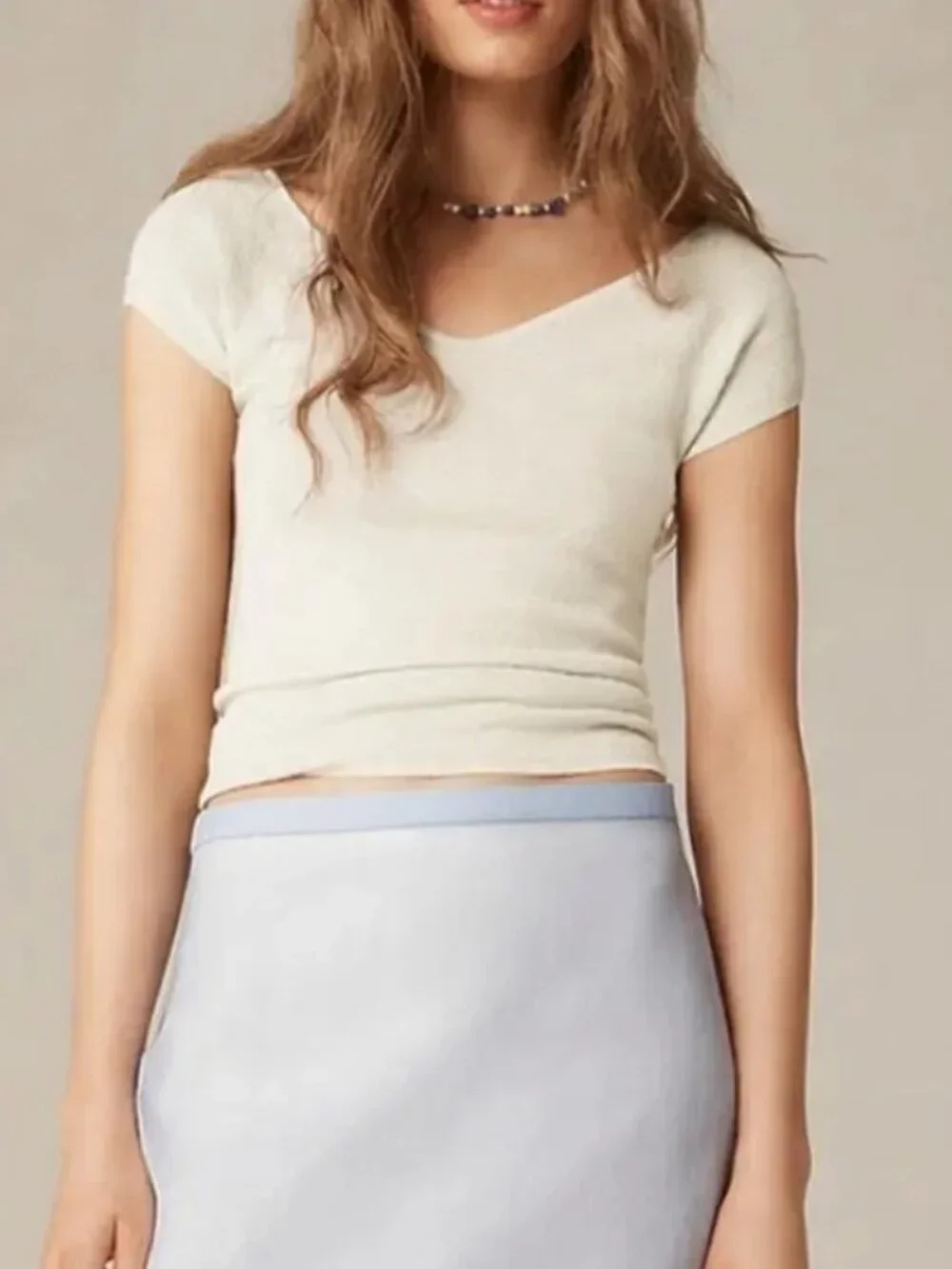 J. Crew Cashmere-Silk Blend Wide V-Neck Sweater T-Shirt in Ivory Size Medium